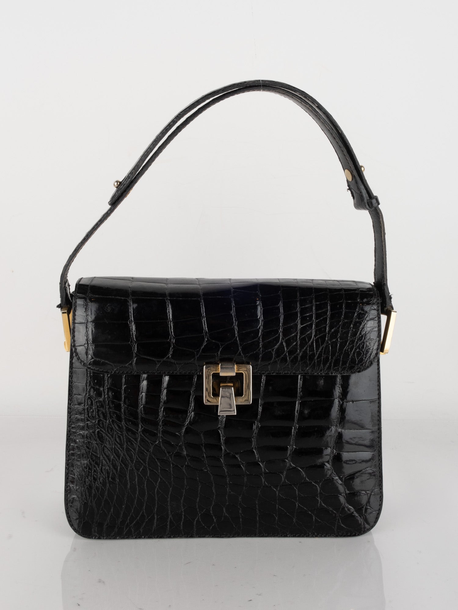 Vintage Black Crocodile-Pattern Structured Bag