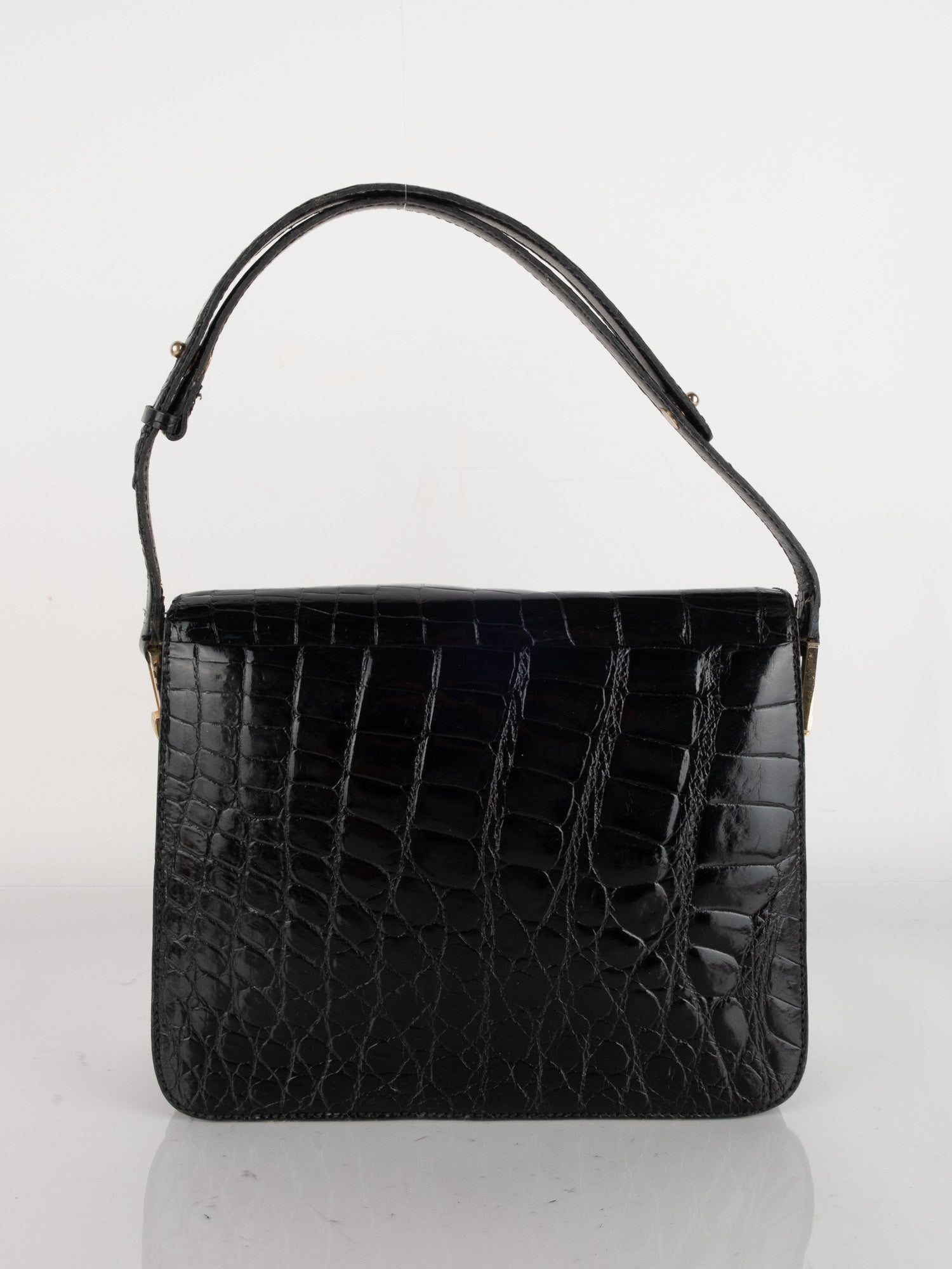Vintage Black Crocodile-Pattern Structured Bag