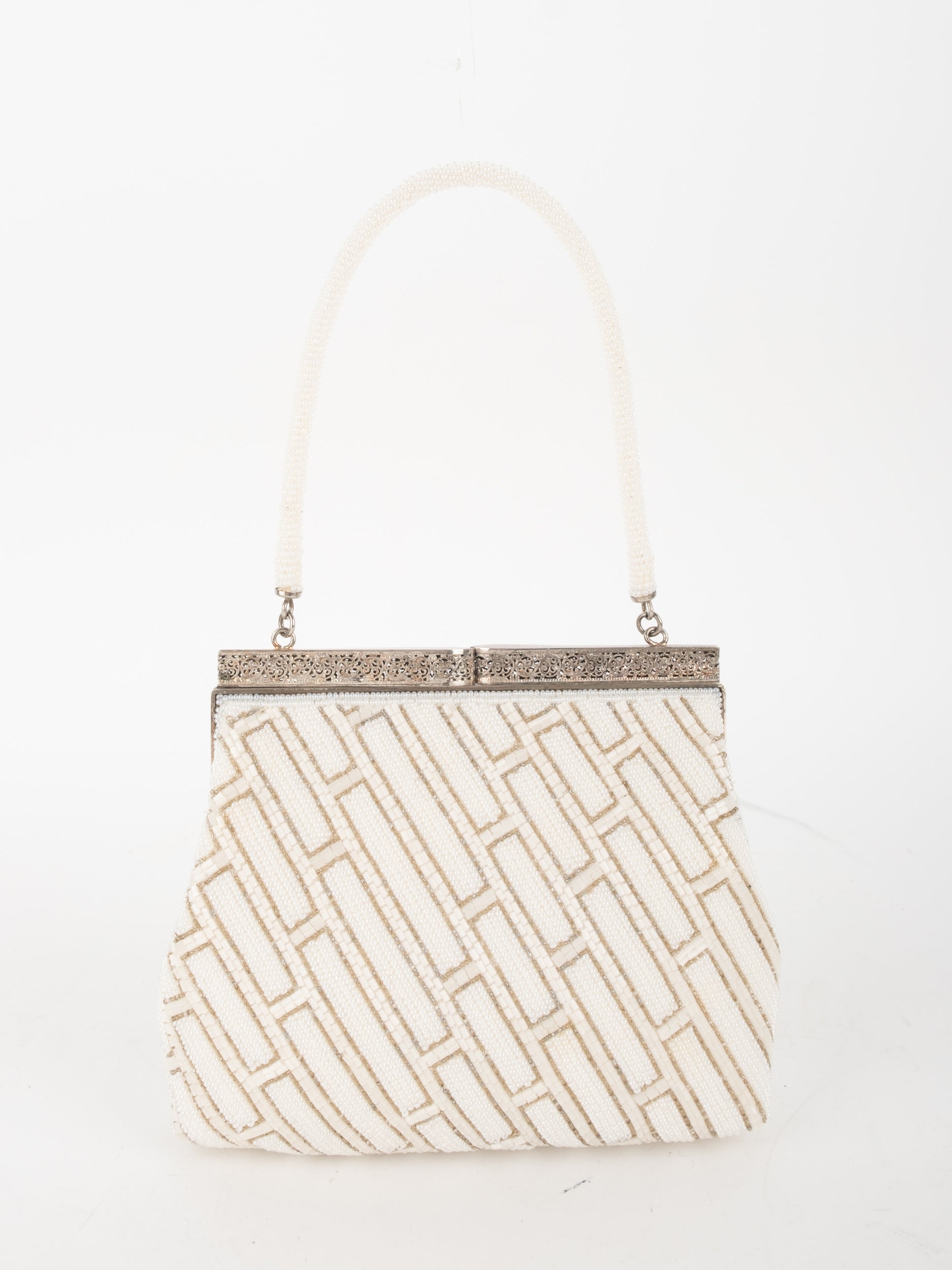 Vintage Handmade Beaded Frame Bag Cream Geometric Pattern