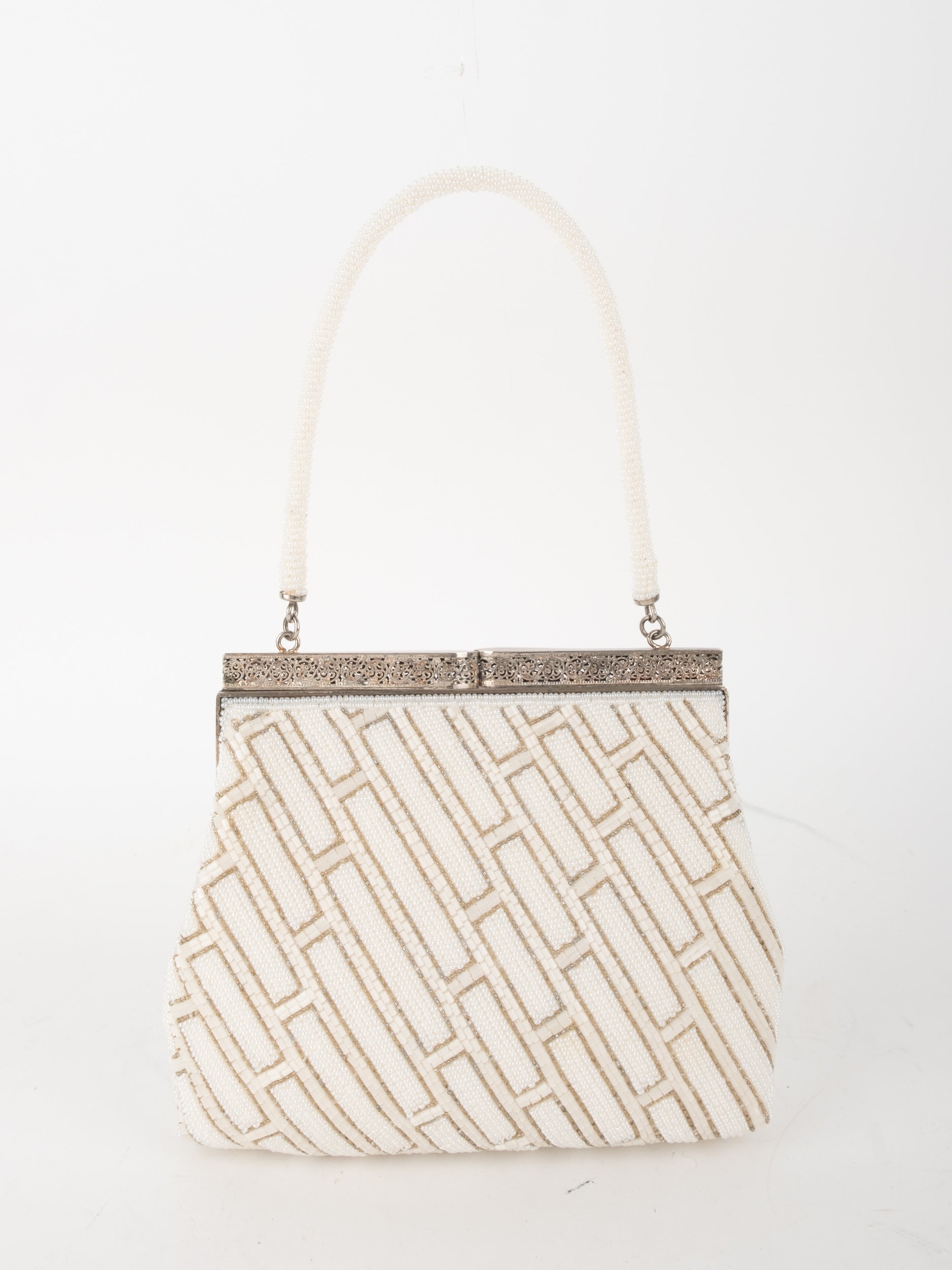 Vintage Handmade Beaded Frame Bag Cream Geometric Pattern