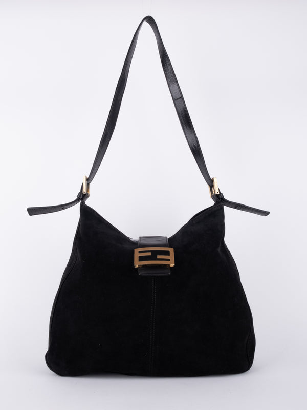 FENDI Vintage Black Suede FF Buckle Hobo Bag