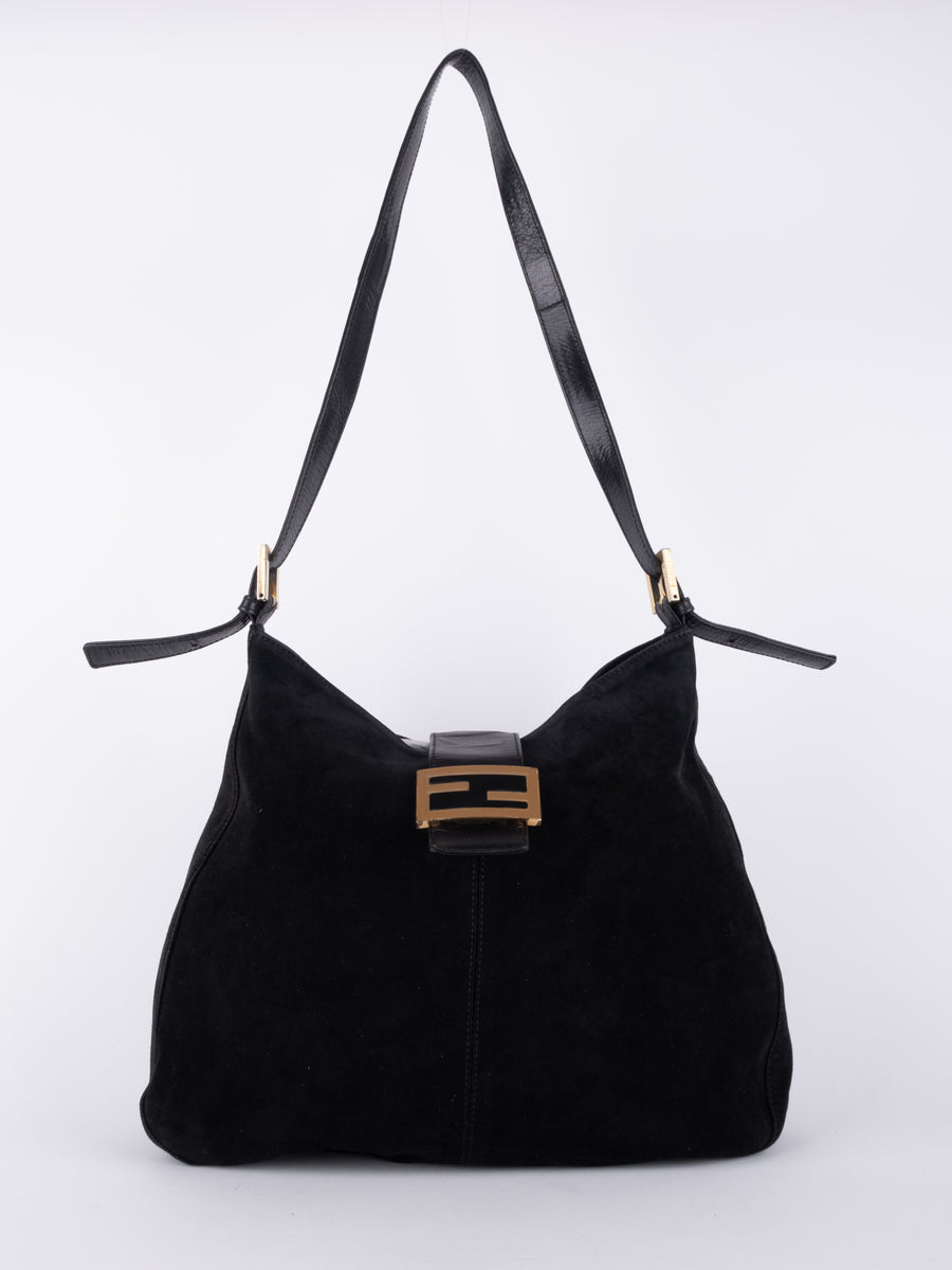 FENDI Vintage Black Suede FF Buckle Hobo Bag