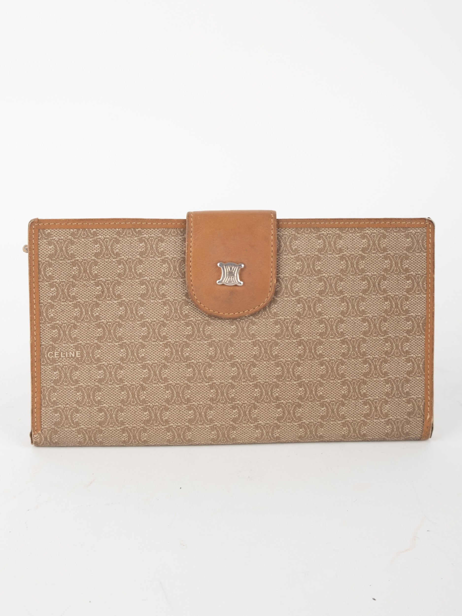 Celine Vintage Macadam Canvas Wallet Beige Brown Classic