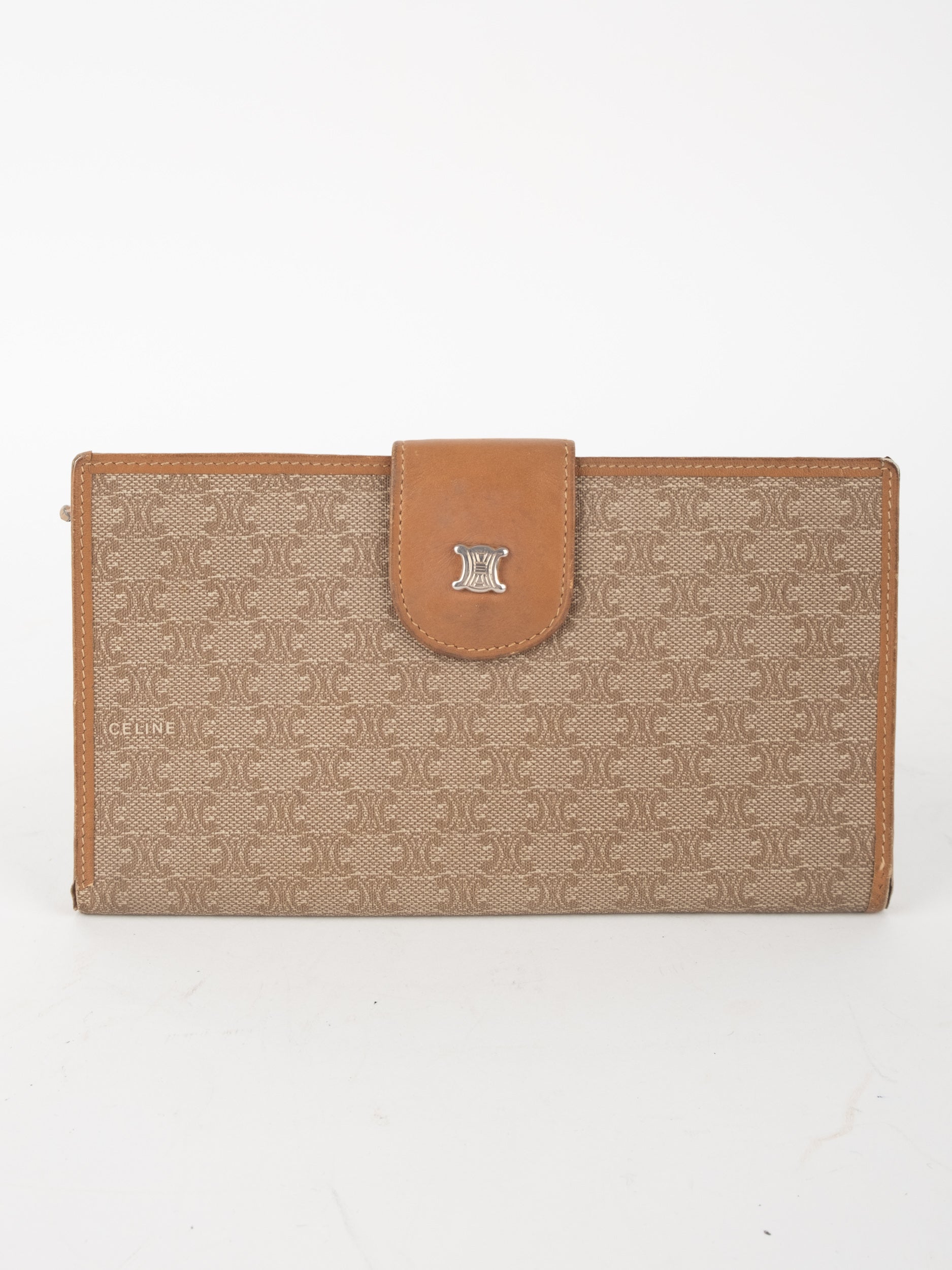 Celine Vintage Macadam Canvas Wallet Beige Brown Classic