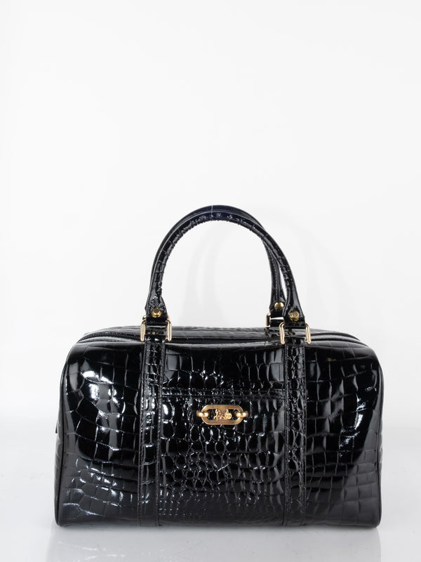 Celine Crocodile-Embossed Black Patent Leather Satchel פריט אספנות נדיר במיוחד