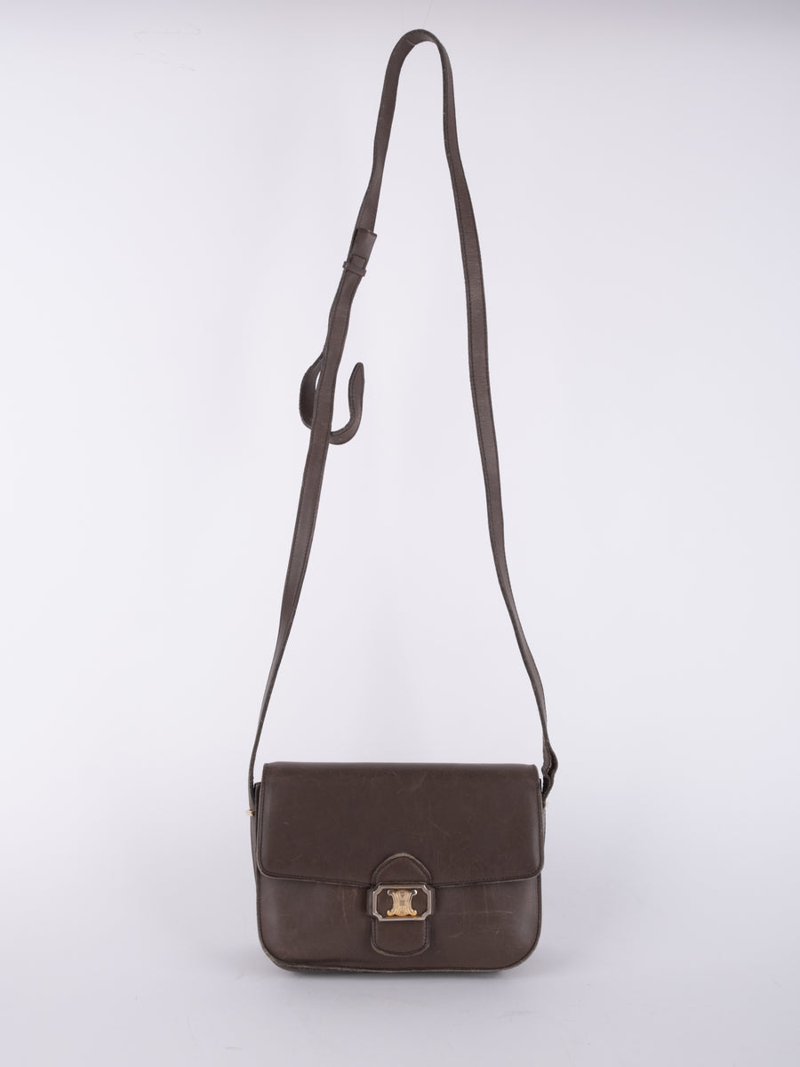 CELINE Vintage Brown Leather Crossbody Bag