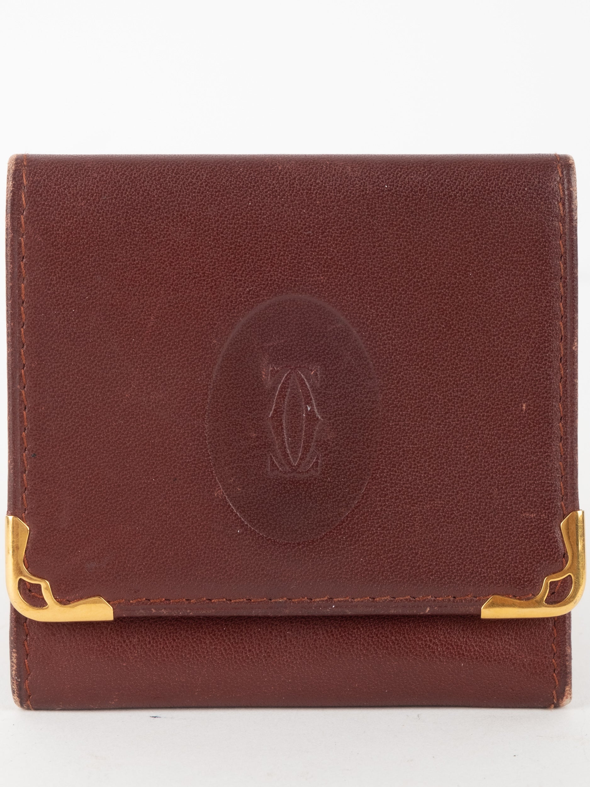 Cartier Vintage Leather Coin Wallet Bordeaux Gold Corners