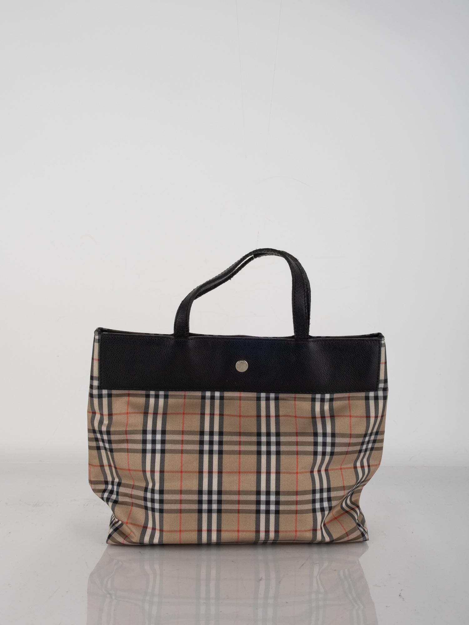 Burberry Vintage Check Canvas Tote with Black Leather Trim