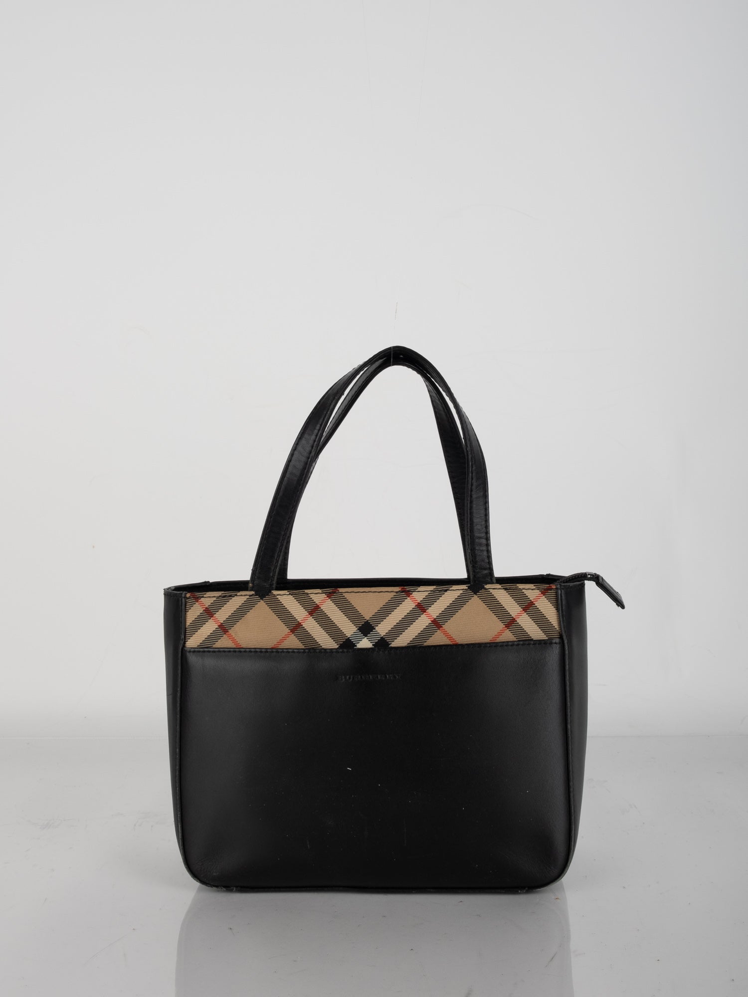 Burberry Black Leather Tote with Classic Check Trim