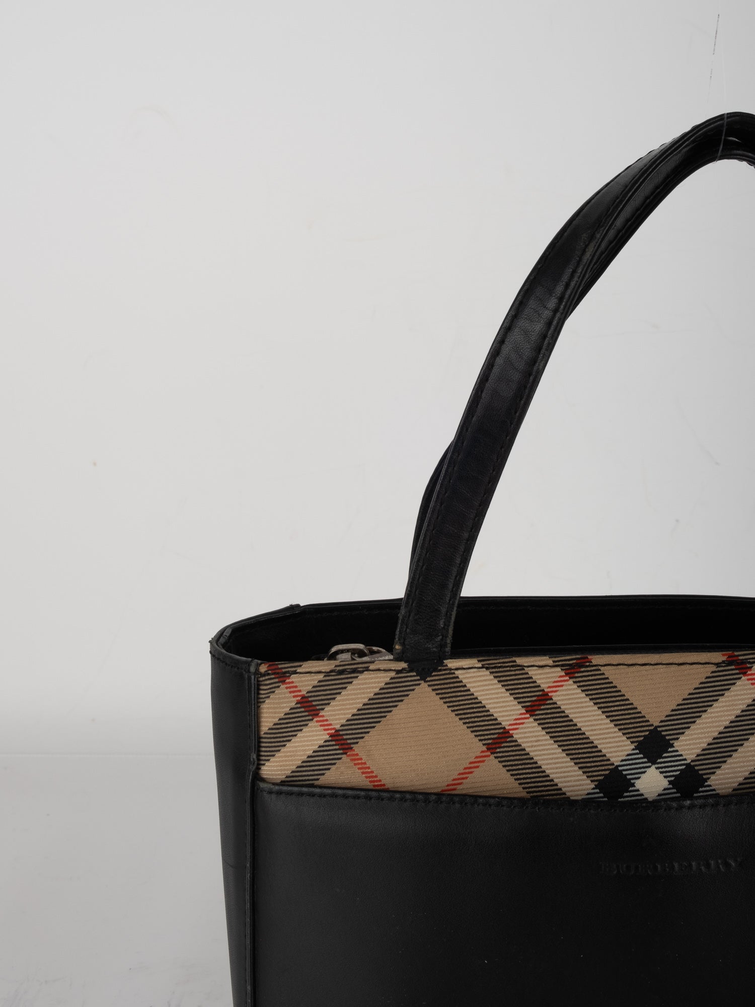 Burberry Black Leather Tote with Classic Check Trim