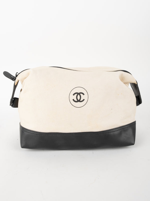 Chanel Beauty Cosmetic Bag Canvas Leather Trim