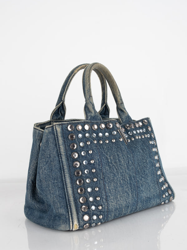 PRADA handbag blue Prada Tote Bag – Denim with Silver Studs פריט אספנות נדיר