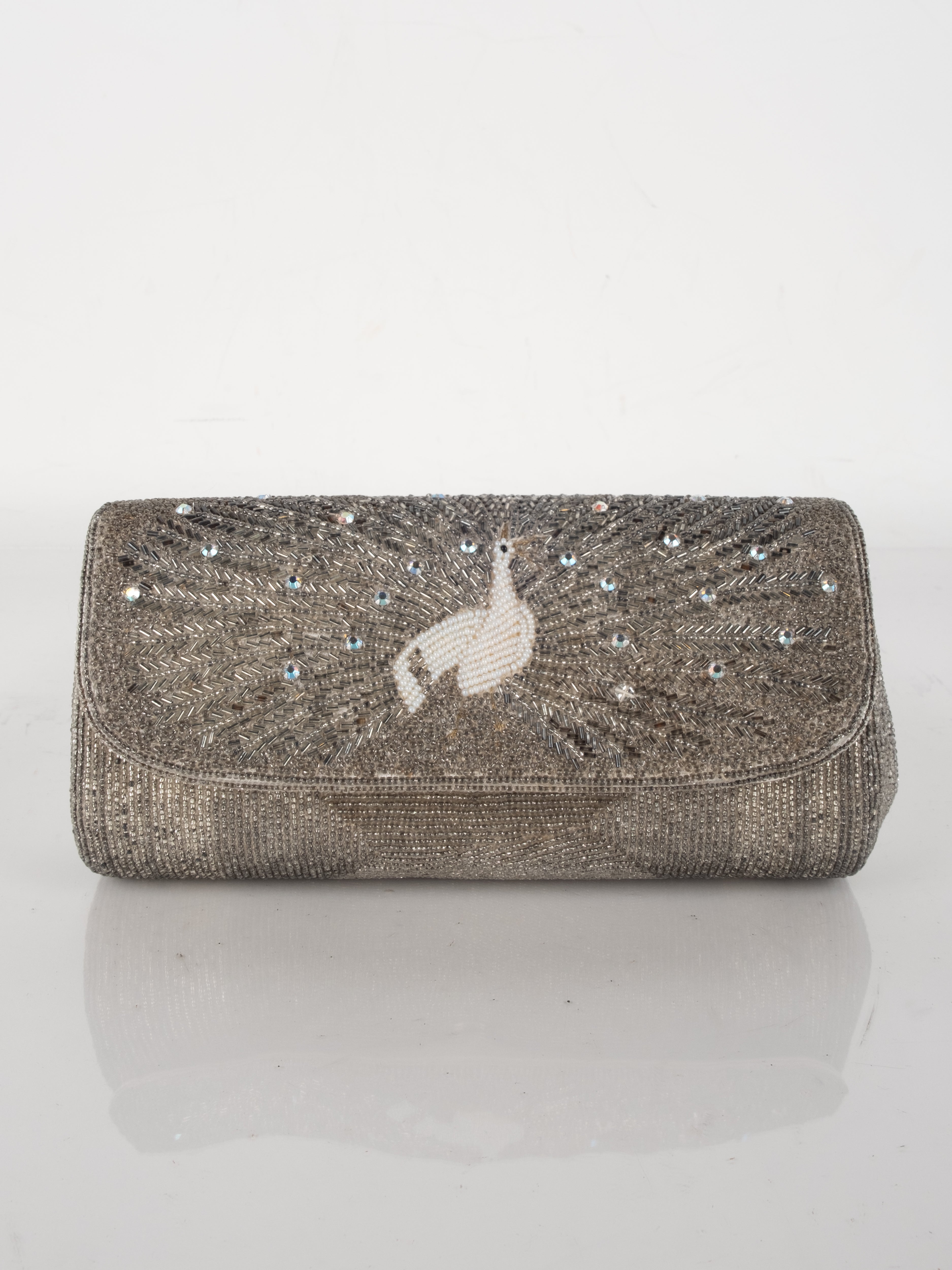 Vintage Silver-Beaded Evening Clutch with Embroidered