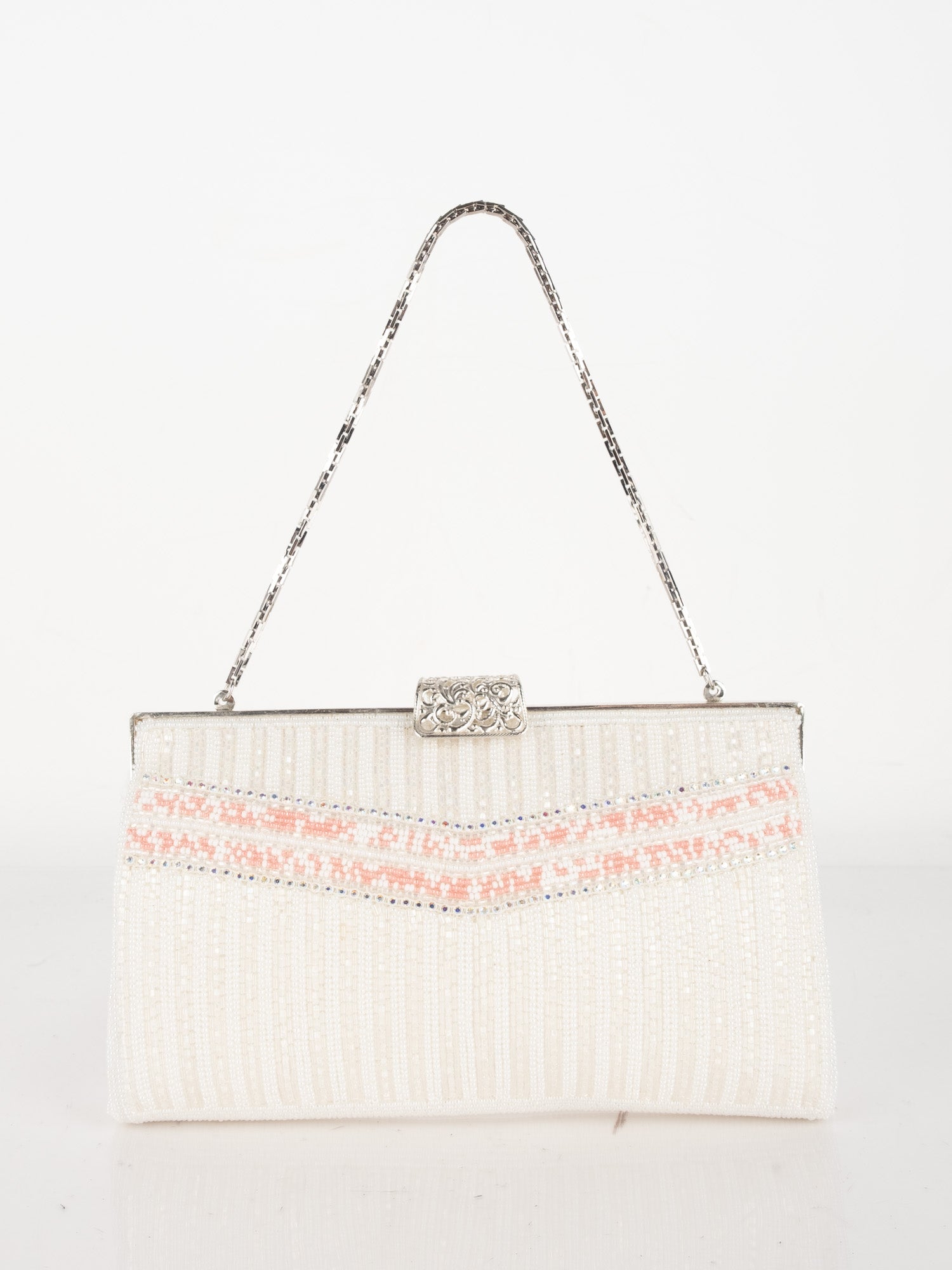 Vintage White Beaded Evening Bag with Pink Detail