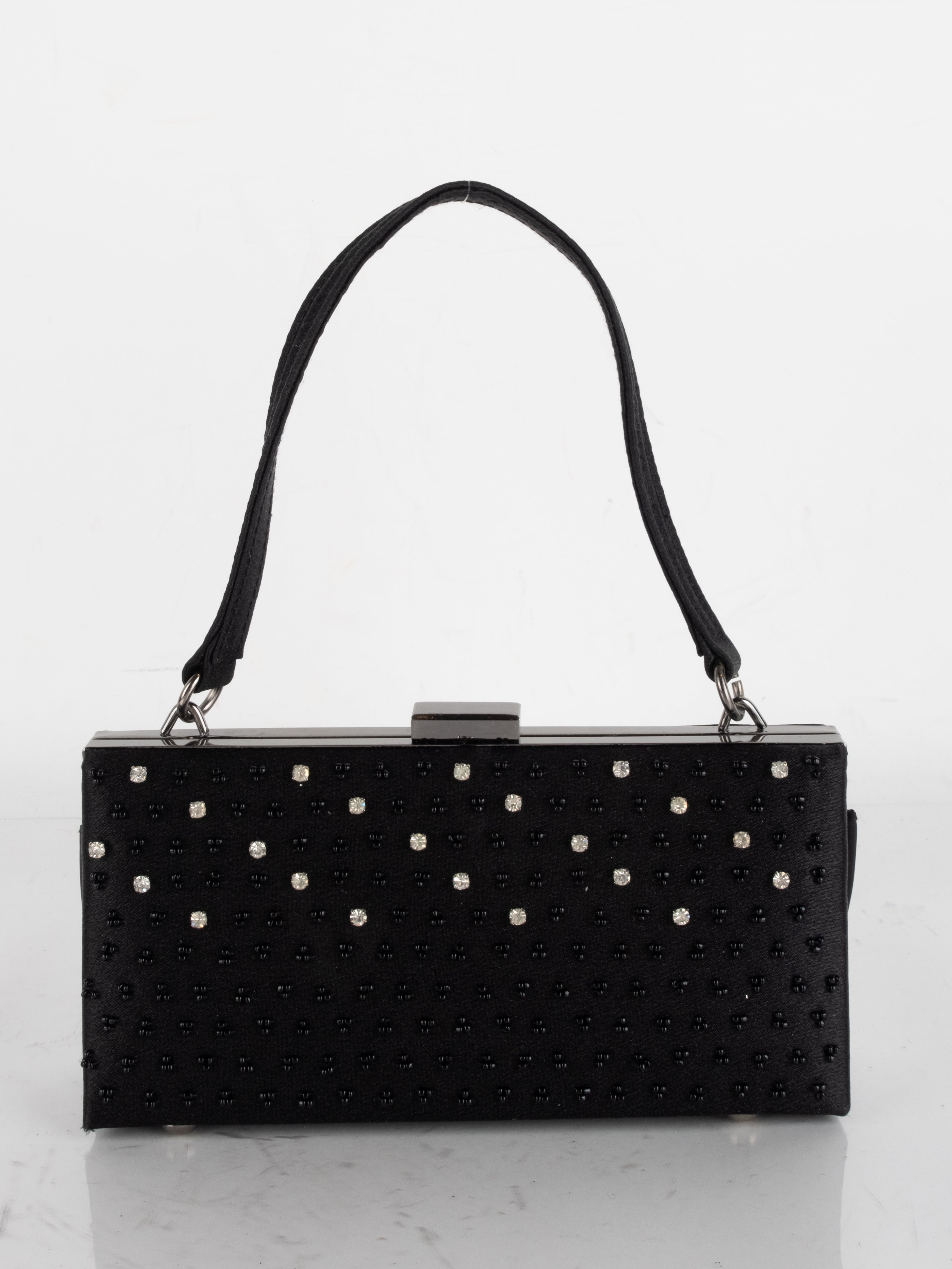 Black Beaded Evening Bag with Pearl Studs