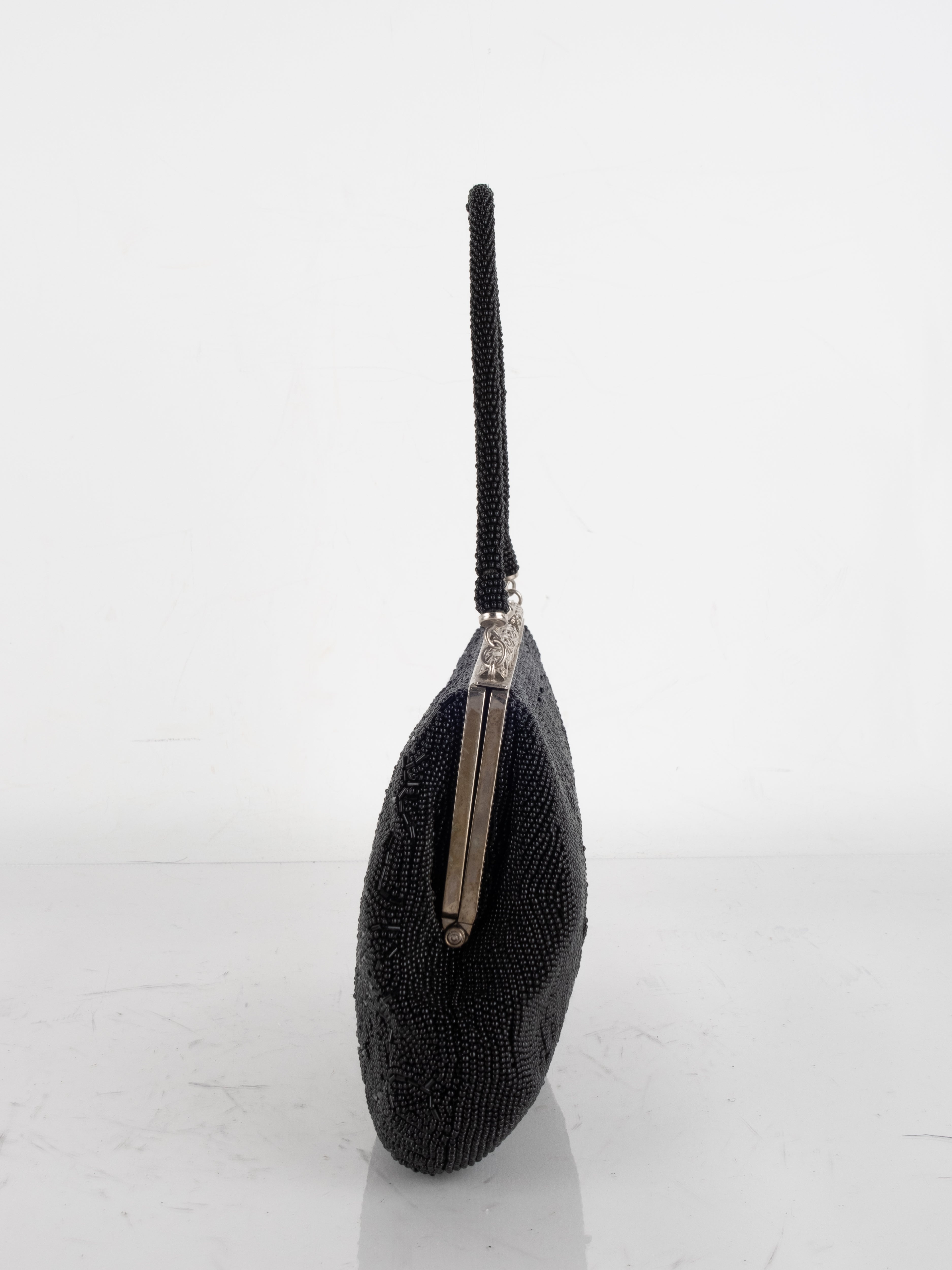 Black Beaded Evening Bag with Pearl Studs