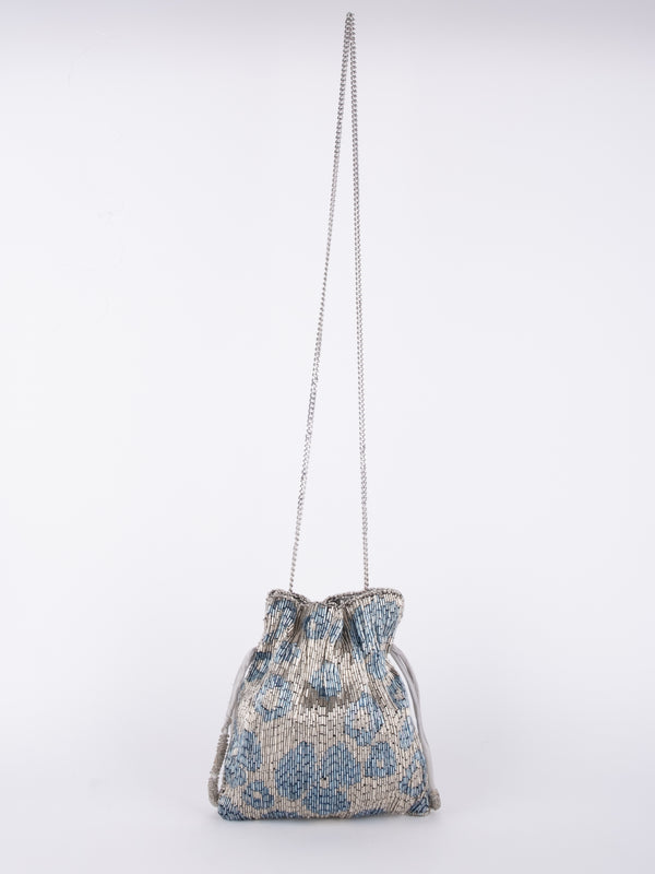 Vintage Blue Floral Beaded Drawstring Bag