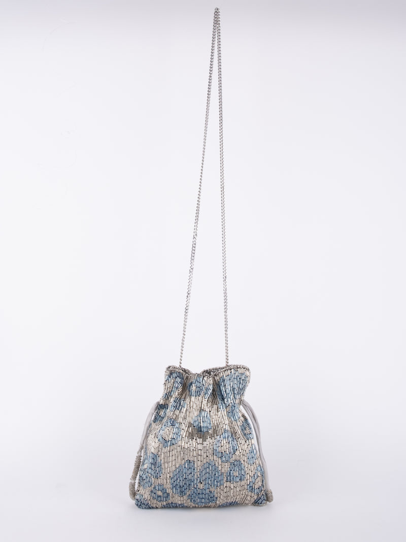 Vintage Blue Floral Beaded Drawstring Bag