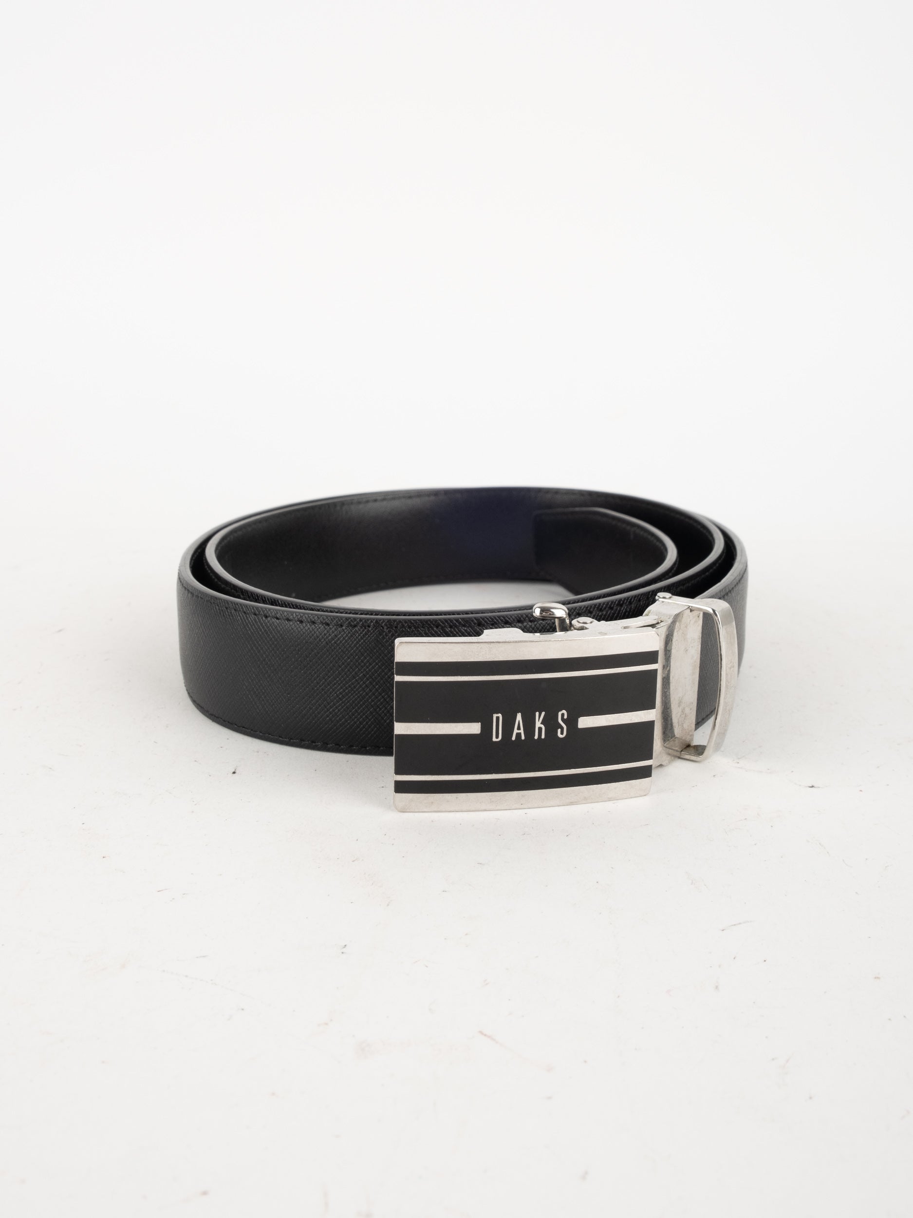 DAKS Leather Belt Black Silver Buckle