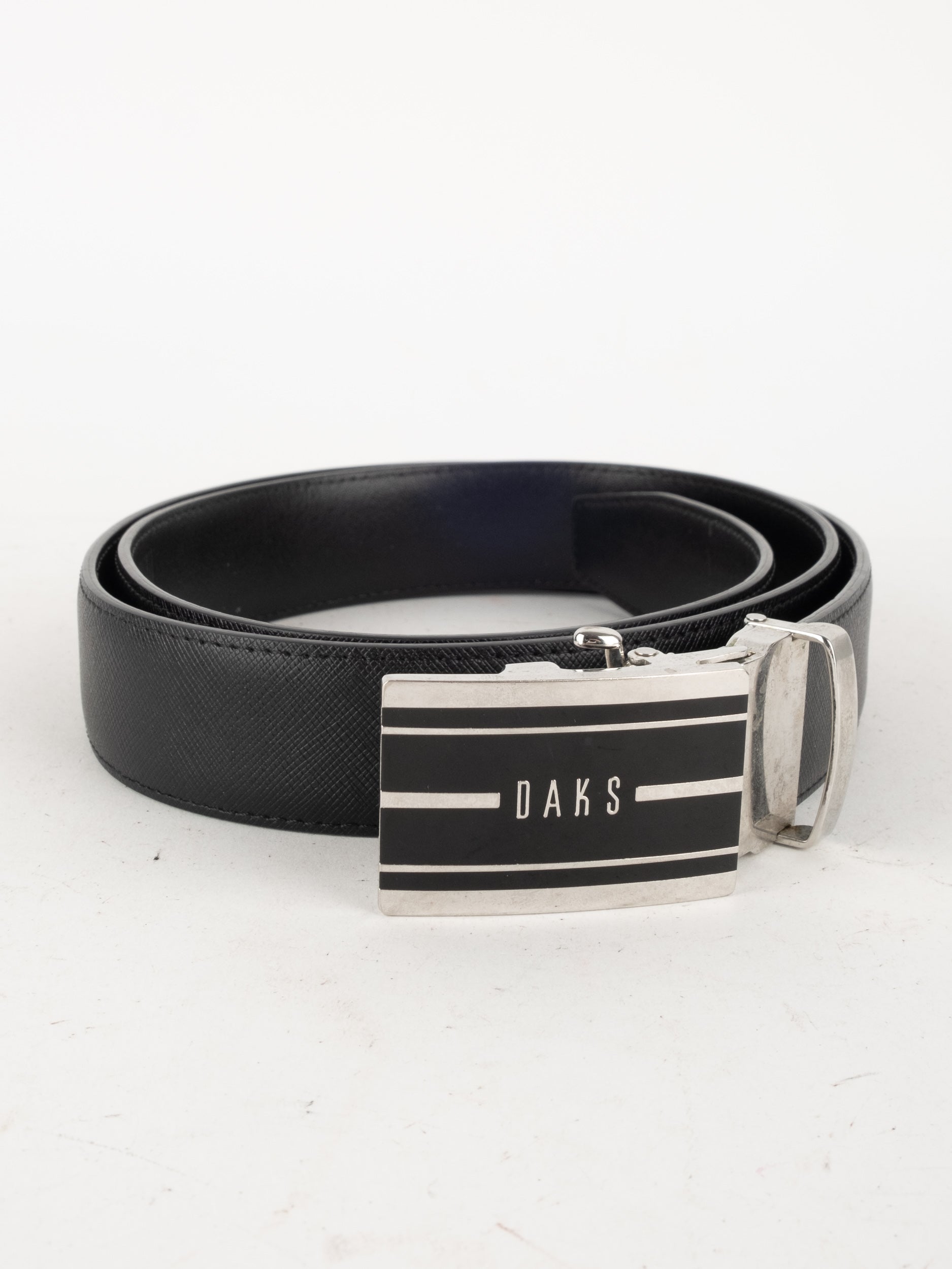 DAKS Leather Belt Black Silver Buckle