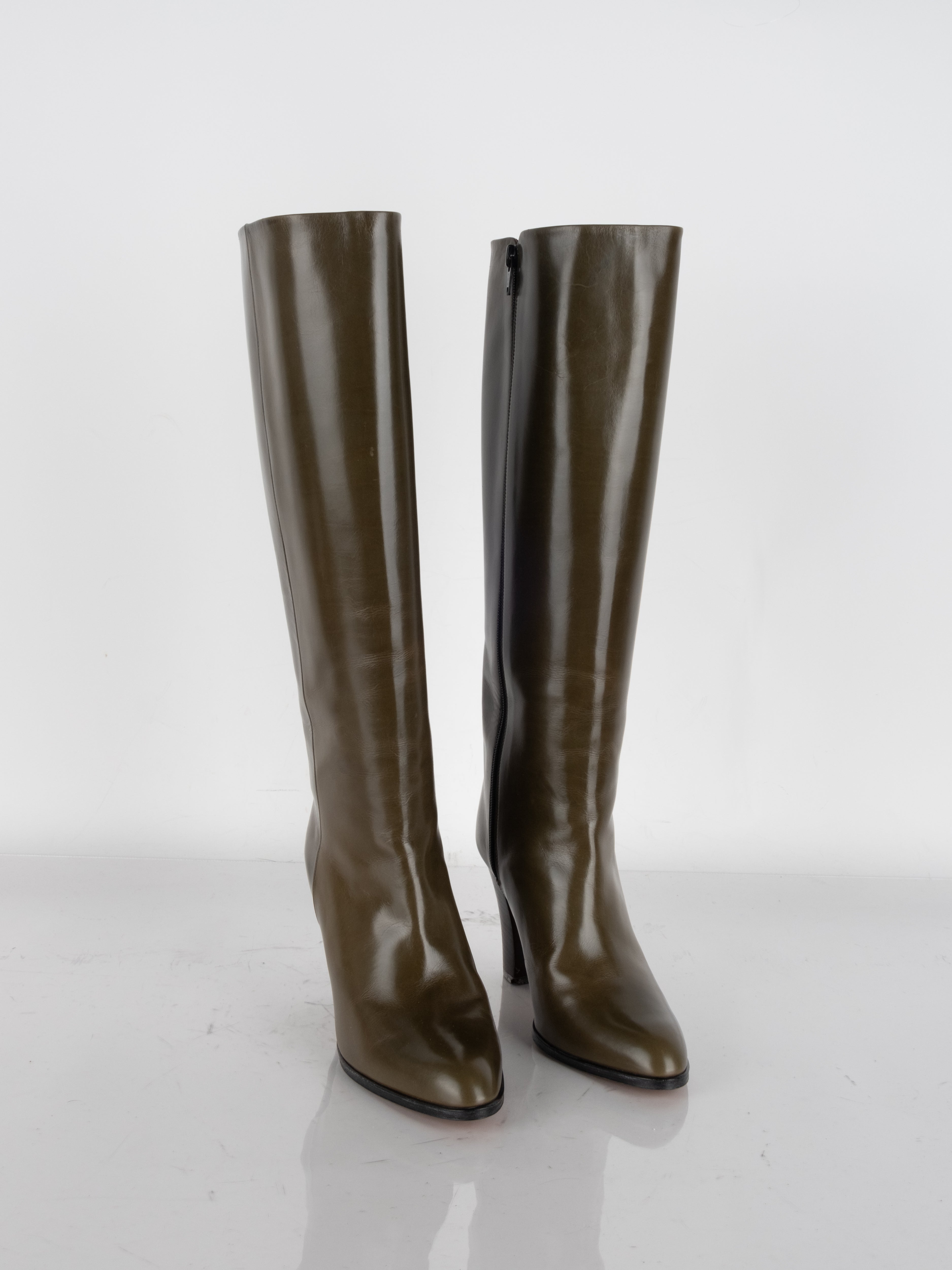 Saint Laurent Knee-High Leather Boots – Olive