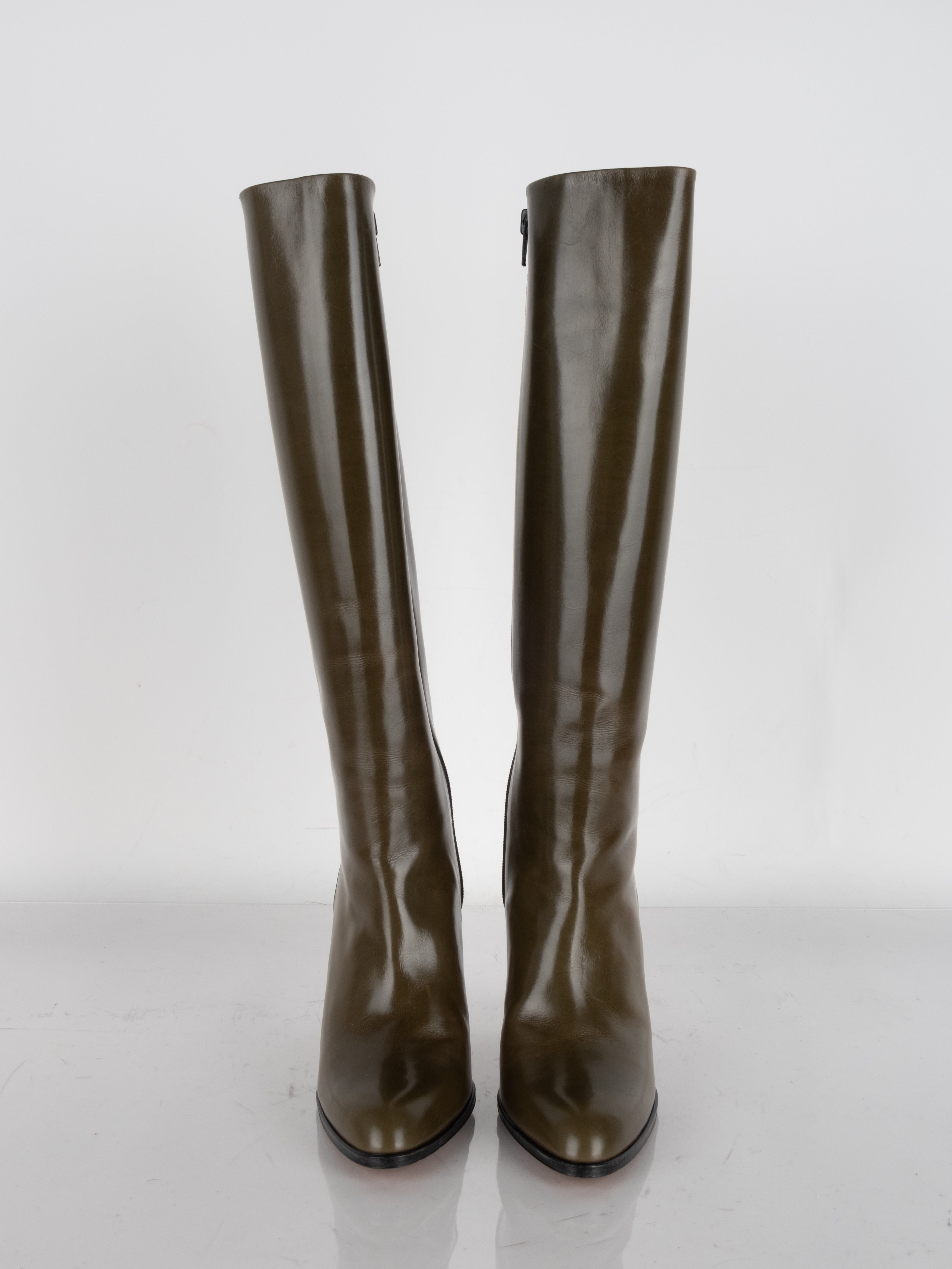 Saint Laurent Knee-High Leather Boots – Olive