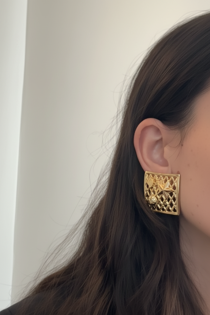 CELINE Gold Textured Square Earrings