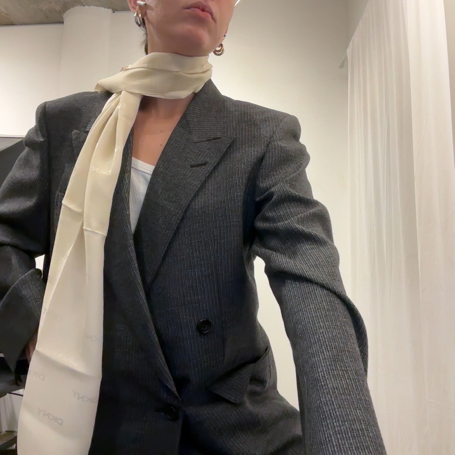 DKNY Minimal Logo Scarf – Cream Lightweight Vintage